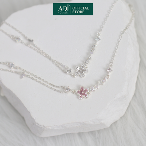 Lắc Tay Bạc Nữ ADJ Dây Đôi Mix Charm Hoa Đá Hồng Lấp Lánh