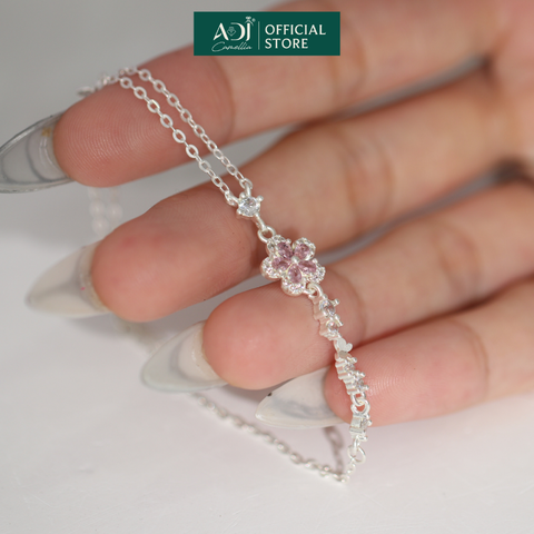 Lắc Tay Bạc Nữ ADJ Dây Đôi Mix Charm Hoa Đá Hồng Lấp Lánh