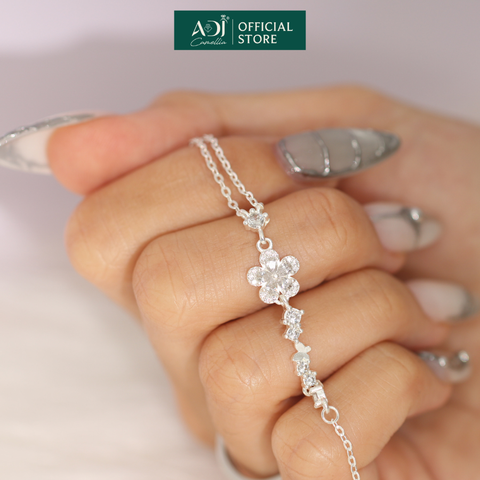 Lắc Tay Bạc Nữ ADJ Dây Đôi Mix Charm Hoa Đá Hồng Lấp Lánh