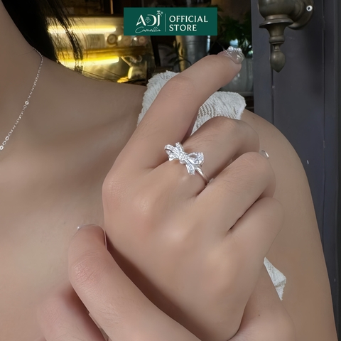 Bộ trang sức Bạc Dây chuyền, Nhẫn, Bông tai Nữ ADJ 925 Nơ Pha Lê Ngọt Ngào Thanh Lịch