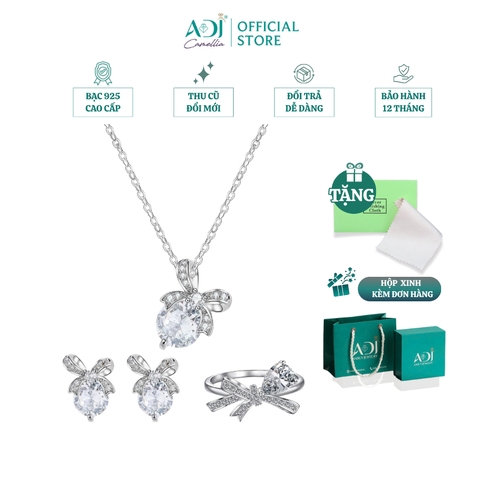 Bộ trang sức Bạc Dây chuyền, Nhẫn, Bông tai Nữ ADJ 925 Nơ Pha Lê Ngọt Ngào Thanh Lịch