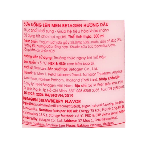 Sữa uống lên men Thái Lan BETAGEN hương dâu/cam 300ml bổ sung lợi khuẩn cho đường ruột