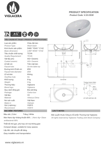 Chậu rửa mặt Viglacera CD30