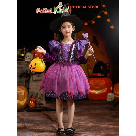 HALLOWEEN 2025 - Đầm Dáng A Hóa Trang Phù Thủy Tím Bé Gái Cao Cấp