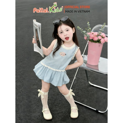 Đầm Kate Đũi Nhăn Sát Nách Bèo Dáng Bí Họa Tiết Sọc Caro Bé Gái Cao Cấp