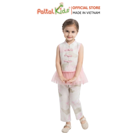 TRUNG THU 2026 - Set Cổ Tàu Áo Phối Voan Hoa Sen Bé Gái Cao Cấp