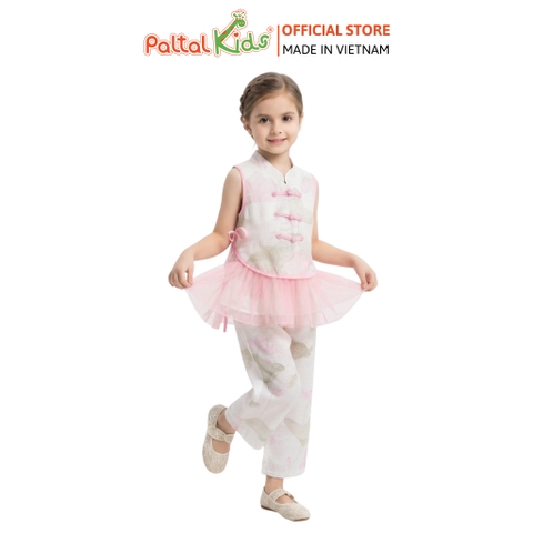 TRUNG THU 2026 - Set Cổ Tàu Áo Phối Voan Hoa Sen Bé Gái Cao Cấp