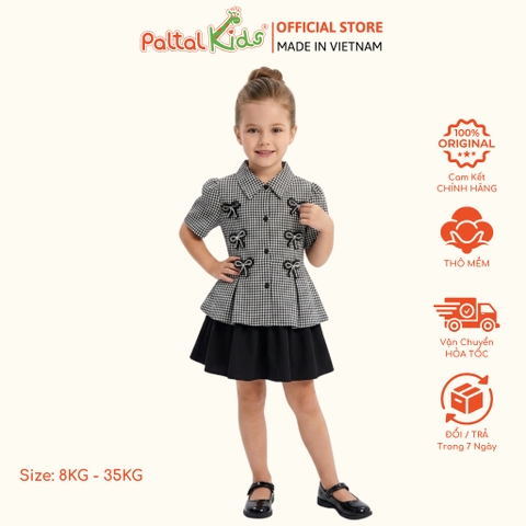 Set Áo Sơ Mi Caro Đính Nơ Đá Mix Chân Váy Xếp Ly 2 Tầng Bé Gái Cao Cấp - 022 6063