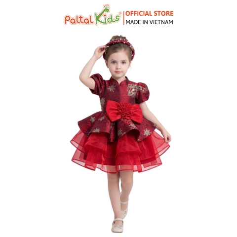 TRUNG THU 2026 - Đầm Gấm Cổ Tàu Phối Voan Xếp Tầng Tay Phồng Bé Gái Cao Cấp