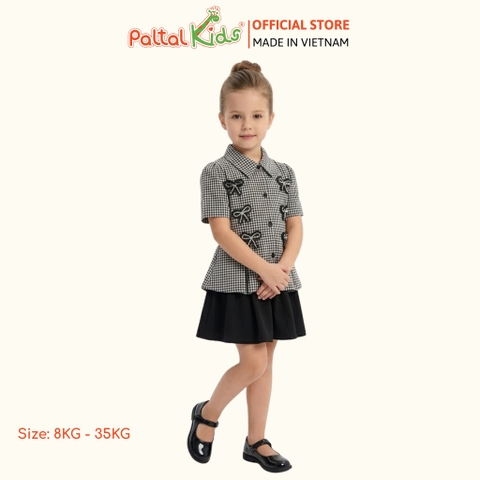 Set Áo Sơ Mi Caro Đính Nơ Đá Mix Chân Váy Xếp Ly 2 Tầng Bé Gái Cao Cấp - 022 6063