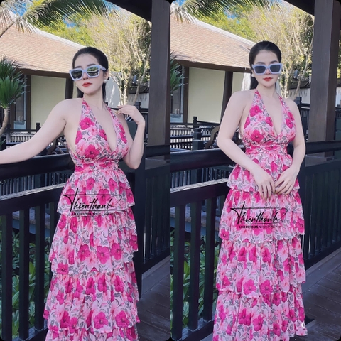 Đầm Maxi Hoa Dài Cổ Yếm Xếp Tầng