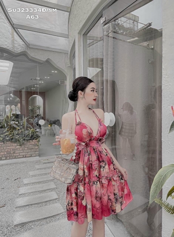 Đầm Lụa Hoa Ngắn Dáng Xoè Hở Lưng