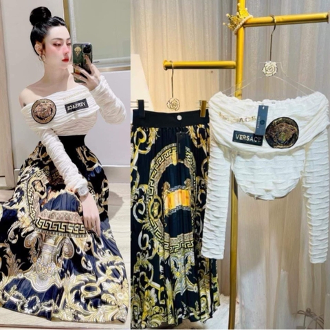 Set QCCC Len Dài Trễ Vai Mix Chân Váy Hoạ Tiết