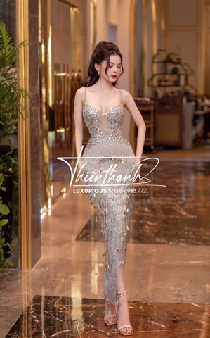 Đầm TK Dài Body Hai Dây Đính Đá Kết Tua Rua