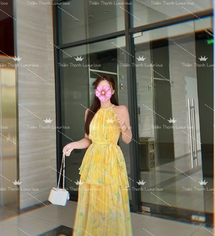 Đầm Maxi Dài Cổ Yếm Xếp Tầng