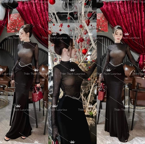 Đầm Thiết Kế Ôm Body Dáng Dài Đính Đá Ngang Eo