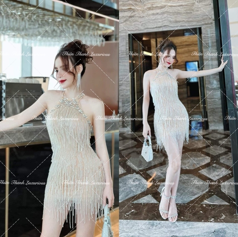 Đầm Tua Rua Cổ Yếm Ngắn Kết Hoa