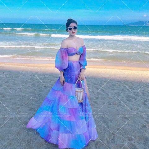 Set Maxi Đi Biển Loang Màu Xẻ Tà