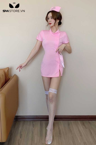 SMS627 - Trang phục y tá xẻ tà có cúc cài và nơ buộc gợi cảm sexy