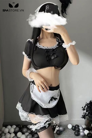 SMS474 - cosplay hầu gái gồm áo croptop đính nơ và chân váy ngắn