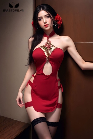 SMS597 - Đồ ngủ với váy sườn xám xẻ cao có cổ thuê hoa hở lưng