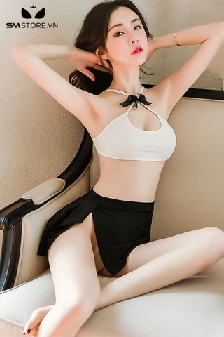 SMS681 - Combo đồ ngủ thư ký với áo 2 dây đan chéo đính nơ và váy