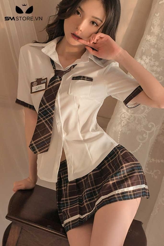 SMS802 - Set đồ ngủ học sinh cosplay với áo và váy xòe kèm cà vạt