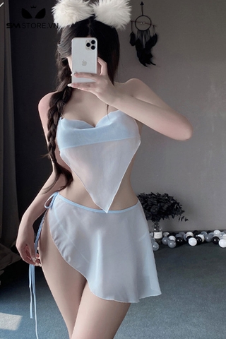 SMS739 - Bộ đồ yếm ngủ trong suốt và quần lọt khe kèm chân váy