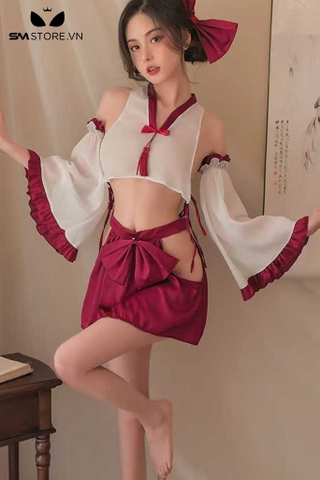 SMS633 - Combo bộ ngủ kimono với áo croptop trễ vai và chân váy