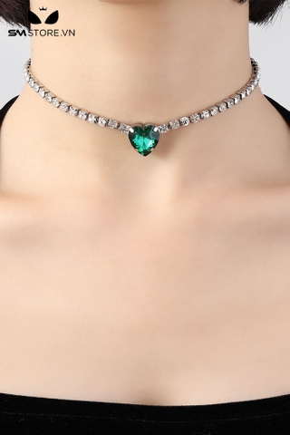 SMP121 - Vòng choker với dây chuyền đá Ngọc Lục Bảo hình trái tim