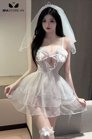 SMS667 - Trang phục cô dâu váy 2 dây xòe đính nơ gợi cảm và phụ kiện