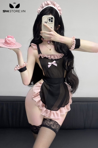 SMS525 - Cosplay hầu gái áo mỏng hở lưng có viền hồng kèm phụ kiện