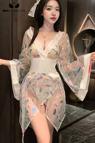 SMS557 - Áo ngủ kimono xuyên thấu gợi cảm với họa tiết lông vũ
