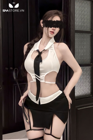SMS680 - Cosplay cô giáo croptop có cổ kèm váy xẻ tà ôm body gợi cảm