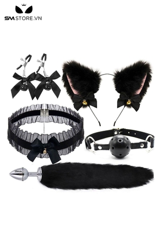 SMT501 - Set đen 5 món gồm: bờm tai mèo, vòng cổ, kẹp ti, đuôi cáo, ball gag