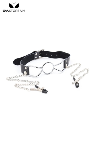 SMT1404 - Ring gag với vòng miệng bằng kim loại mix kẹp núm vú