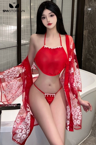 SMS696 - Combo đồ ngủ áo choàng xuyên thấu và yếm mix quần lót sexy