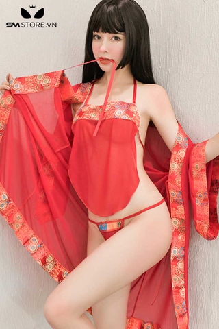SMS640 - Set đồ ngủ sexy gồm áo yếm, quần lọt khe và áo choàng đỏ