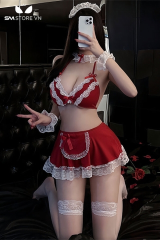SMS477 - set đồ cosplay hầu gái gồm áo ngực buộc dây và chân váy