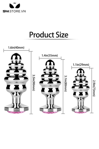 SMT2622 - butt plug inox cắm hậu môn xoắn ốc đính ngọc có 3 size