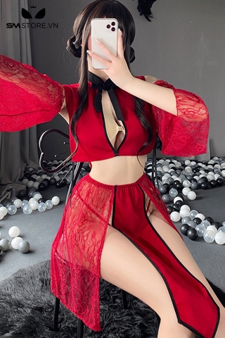 SMS600 - Set đồ sườn xám gồm áo khoét ngực, chân váy xẻ 4 tà