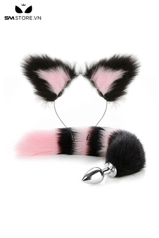 SMT282 - Set 2 món đuôi cáo cosplay mix bờm phối hai màu đen hồng
