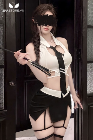 SMS680 - Cosplay cô giáo croptop có cổ kèm váy xẻ tà ôm body gợi cảm