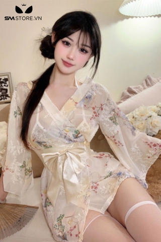 SMS515 - Áo choàng ngủ kimono siêu ngắn quyến rũ với họa tiết hoa