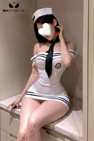 SMS656 - Váy ngủ cosplay tiếp viên trễ vai sexy với dây đan chéo sau