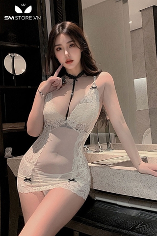 SMS720 - Bộ đồ ngủ váy 2 dây ôm body trong suốt kết hợp với ren hoa