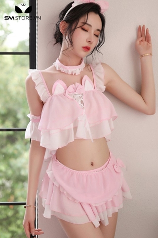 SMS663 - Set đồ ngủ áo croptop 2 dây và chân váy xòe có phụ kiện
