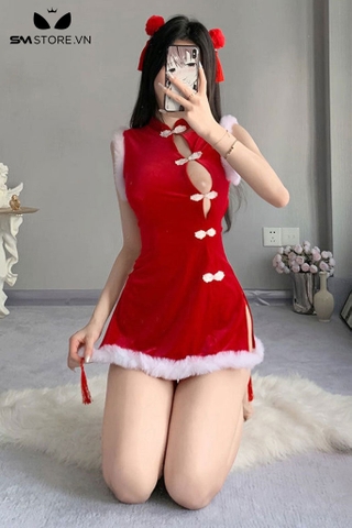SMS788 - Cosplay giáng sinh với váy sườn xám ba lỗ ngắn xẻ tà