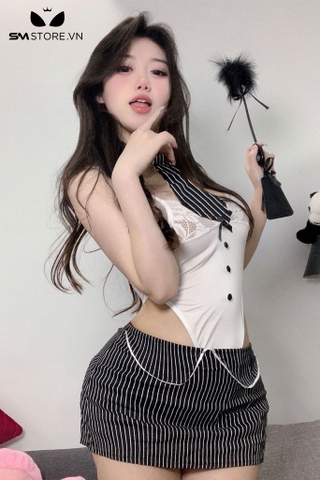 SMS672 - Cosplay cô giáo với áo 2 dây viền ren hoa và chân váy