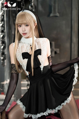 SMS730 - Đồ ngủ cosplay sơ ren hoa xuyên thấu đính nơ và phụ kiện